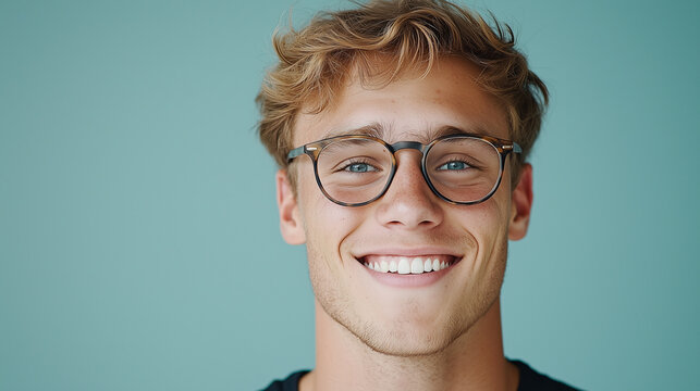 Close-up portrait of a handsome young man wearing stylish glasses