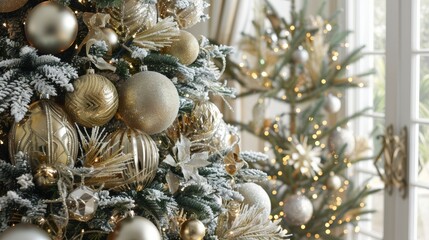 A beautifully decorated Christmas tree adorned with golden ornaments and baubles, featuring festive decorations that capture the spirit of the holiday season in December