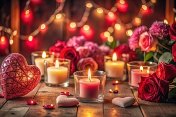 Enchanting Night Photography for Valentine's Day: A Romantic Background Filled with Hearts, Candles, and Soft Lighting to Create an Atmosphere of Love and Affection