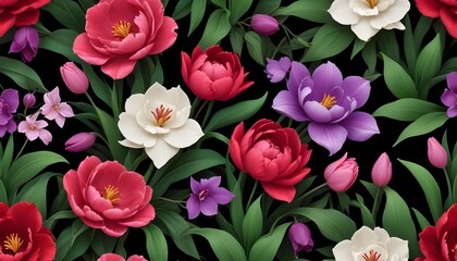 Obraz premium Vibrant Floral Pattern with Tulips, Peonies, and Orchids