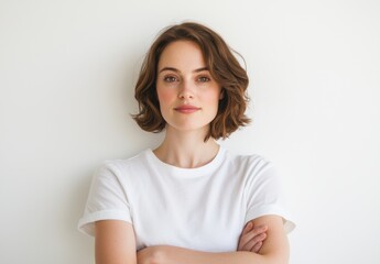 Obraz premium Confident young female with short wavy hair wearing a simple white t-shirt, standing against neutral backdrop with arms crossed, expressing self-assuredness and calmness
