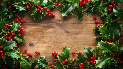 A Christmas wreath decorated with holly, berries, and festive ornaments is hanging on a wooden wall.ging on a wooden wall.