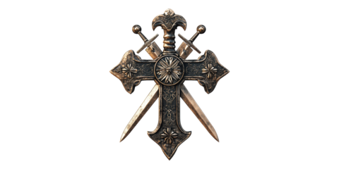 Intricately designed medieval cross with swords isolated on transparent background