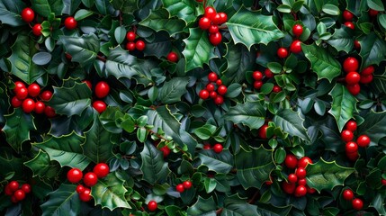 Holly berries on a red background with leaves and branches showcasing a festive Christmas theme