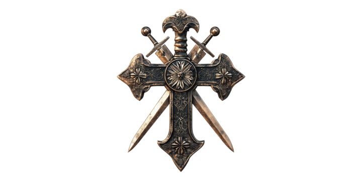 Intricately designed medieval cross with swords isolated on transparent background