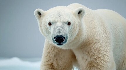 Fototapeta premium A close-up of a polar bear, showcasing its thick white fur and distinctive features against a soft, icy background.