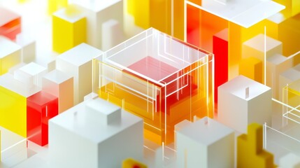Fototapeta premium Abstract 3D rendering of geometric shapes in yellow, orange, red and white.