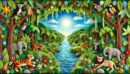 Obraz premium Lush tropical jungle scene crafted from felt with river flowing and sun shining