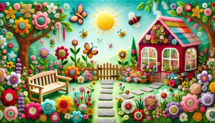 Fototapeta premium Whimsical felt garden with colorful flowers, butterflies, and sun shining bright