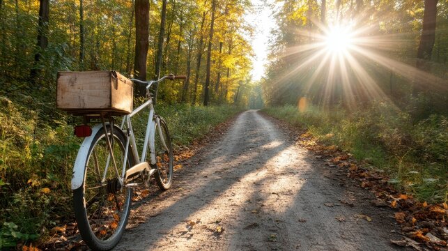 A vintage bicycle leans on a quiet forest path bathed in golden sunlight, surrounded by lush greenery and autumn leaves, inviting exploration and tranquility.