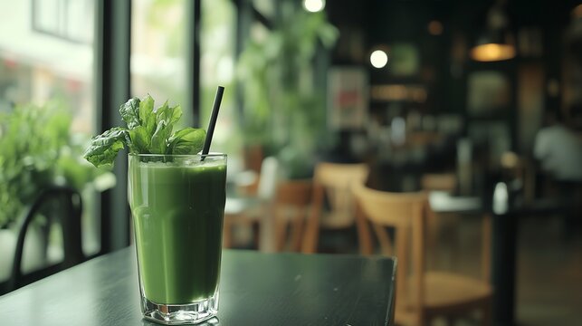 A green smoothie with a straw and mint garnish sits on a table in a coffee shop.