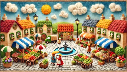 Charming felted village market bustling with shoppers on sunny day