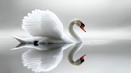 Obraz premium A serene swan glides gracefully on calm water, reflecting its elegance in a tranquil setting.