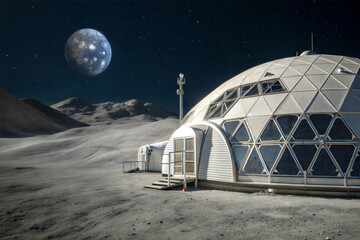 Conceptual design of a lunar base with a prominent moon in the night sky