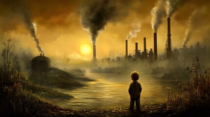 A child standing at the edge of a polluted river, gazing at distant factories with chimneys spewing smoke, the contrast of despair and hope for future generations