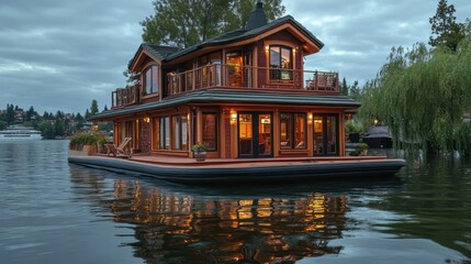 Obraz premium Luxurious waterfront houseboat at dusk, illuminated interior, calm water reflection.