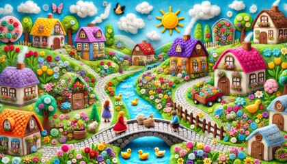 Fototapeta premium Children playing in a colorful handmade village made of felt