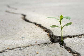 Green sprout breaks through concrete surface showcasing resilience in urban environment