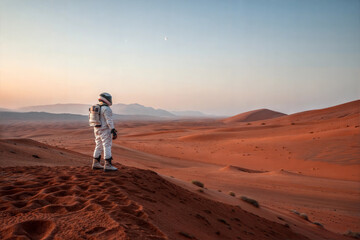 Fototapeta premium Lone astronaut explores the mysterious landscape of Mars at dusk