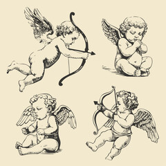 Cupid aiming a bow and arrow. Valentines Day symbol. Flying angel child, vector illustration
