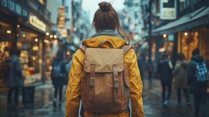 Woman exploring vibrant city market, wearing yellow jacket and backpack, street life, bustling atmosphere, travel, urban adventure, culture, streetlights, shopping, local experience.