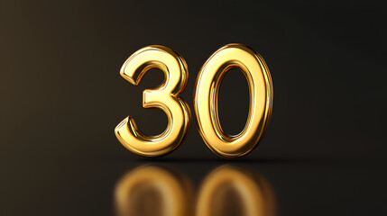 Glossy Golden Number Thirty Decor Element for Celebrations, Birthdays, New Year Events, and Milestones with a Shiny Reflective Surface
