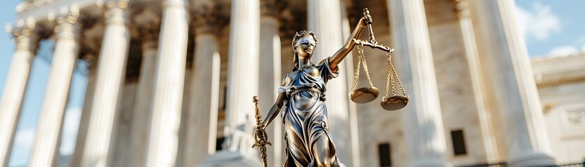 Obraz premium Lady justice statue in front of courthouse legal symbolism urban environment inspirational viewpoint