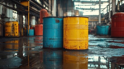 Rusty industrial barrels in abandoned warehouse, blue and yellow metal containers, aged factory, vintage decor, grunge texture, industrial design, retro vibes, decay.