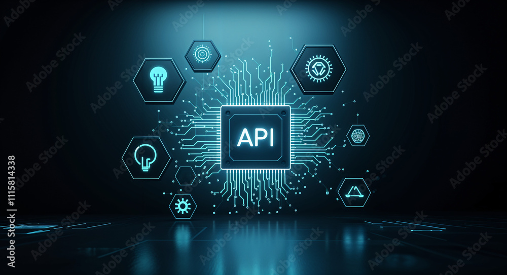 Poster digital api interface hologram with neon lines . generative ai . generative ai
