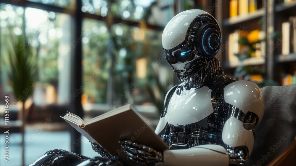 Aufkleber In a serene and modern reading space, a hyper-realistic robot engages with a book, exploring the depth of human literature. Sunlight filters through large windows, creating a captivating atmosphere