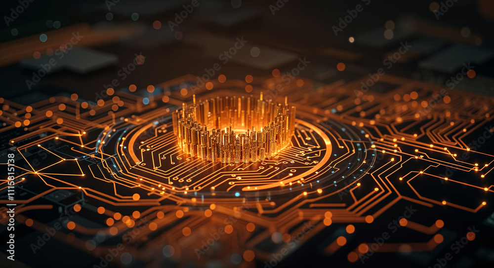 Poster abstract technological background with 3d holographic interface and microcircuits . generative ai . 