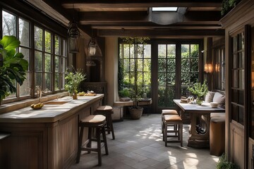 Fototapeta premium Rustic Sunroom with Bright Natural Light and Wooden Decor