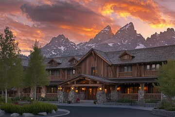 Obraz premium Rustic Luxury Lodge with Evening Sky Over Mountains