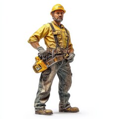 A man in a yellow shirt and safety gear stands in front of a white background