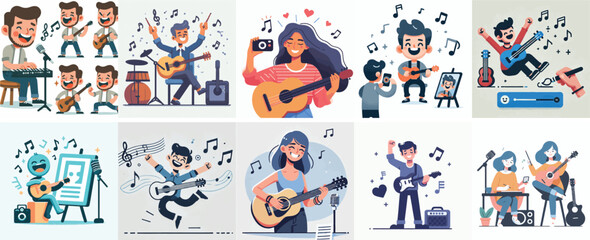 vector set of a happy musician with a simple flat design style