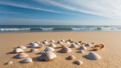 Beautiful Seashells on Sandy Beach with Ocean Waves in the Background Under a Clear Blue Sky.