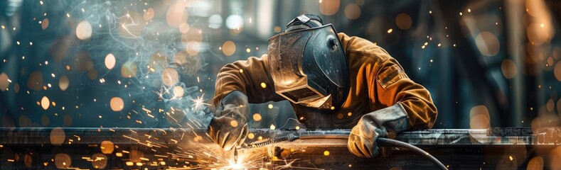 A worker in orange overalls and a helmet is welding inside a tunnel, with sparks flying around, against a light background, with blue light from behind the worker