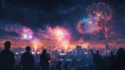 Silhouetted people watching vibrant fireworks display over cityscape at night.