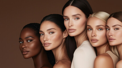 Obraz premium Portrait of diverse women with makeup on brown background