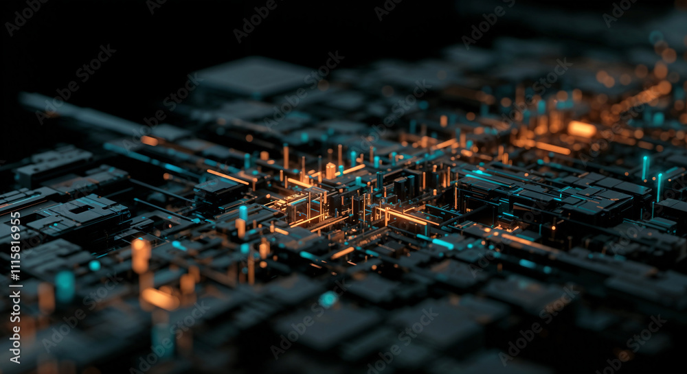 Poster abstract technological background with 3d texture of cyber mechanisms and microcircuits . generative