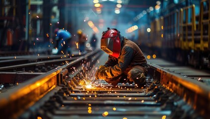 A worker in safety gear and protective glasses is working on the railroad tracks, welding them together with an industrial welding machine to create new paths for trains.