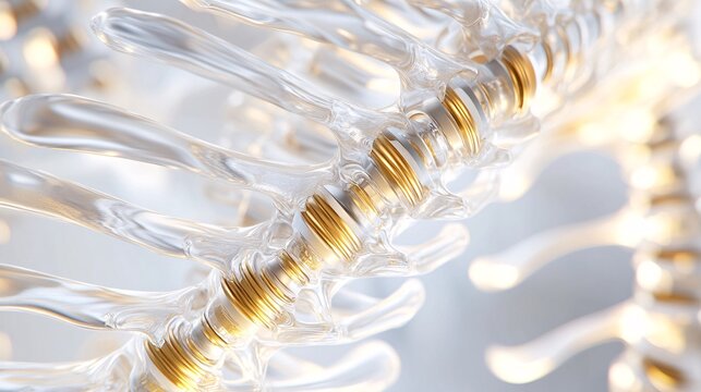 89.A detailed 3D model of the human lumbar spine, showing metallic implants integrated into the vertebrae for stabilization. The illustration features a semi-transparent view of muscles and nerves,