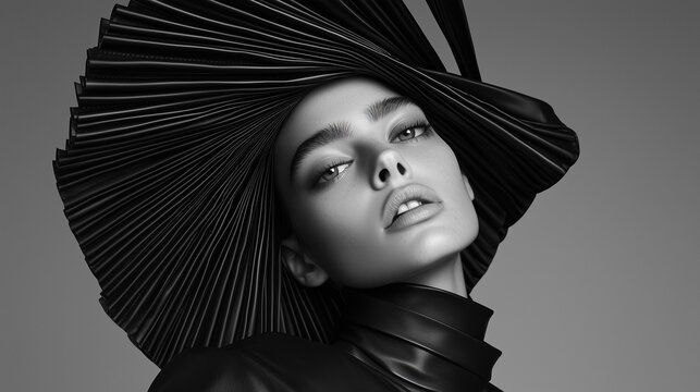 Artistic black and white photograph of a model in avant garde fashion