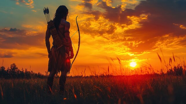 Archer aiming bow at sunset in field, dramatic silhouette, glowing sky, ancient warrior theme, focus and precision, connection to nature, intense moment, solitude.
