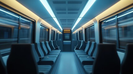 Fototapeta premium Interior of a modern, empty subway train with ambient lighting.