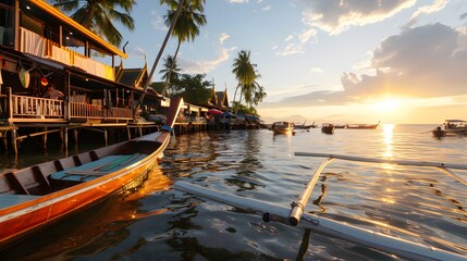 Obraz premium Serene sunset at a thai island seaside view of boats and palm trees tranquil nature scene