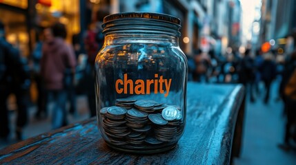 Charity jar with glowing label filled with cash on wet urban table, blurred crowd and lights, fundraising, donations, kindness, night street giving.