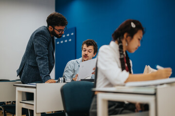 A group of college students focusing on assignments with a helpful professor guiding them. The classroom setting fosters learning, collaboration, and academic support.