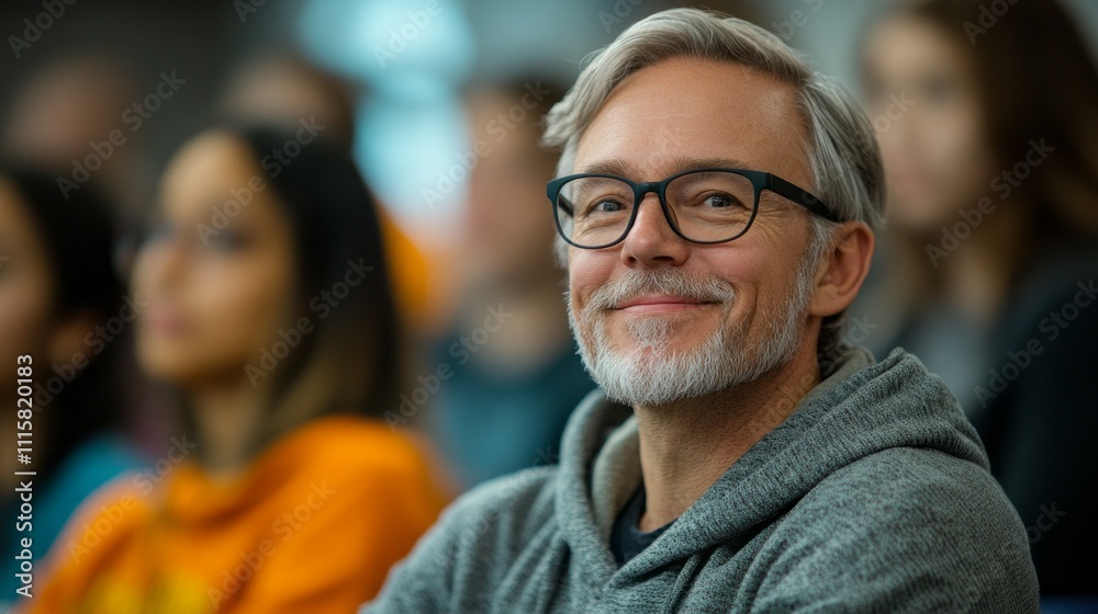 Poster in a dynamic workshop focused on personal growth, an older man with glasses and a friendly smile act
