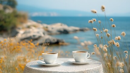 Fototapeta premium Two coffee cups on a table by the seaside, surrounded by flowers.